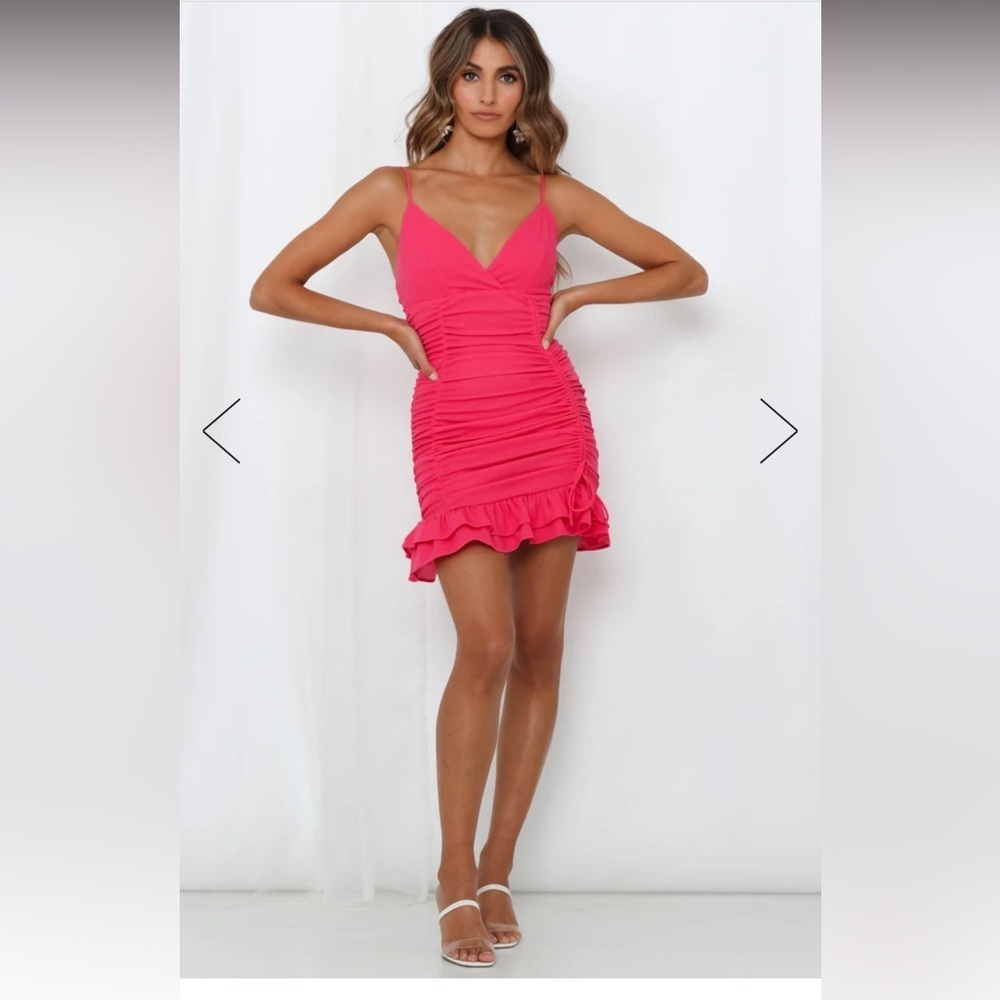 Hot Pink Ruched Frill Hem V-Neck Mini Dress Size Small​​​